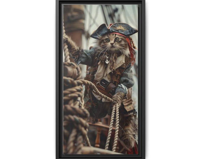 Pirate Cat Artwork Matte Canvas Framed | Nautical Cat on Ship Rope