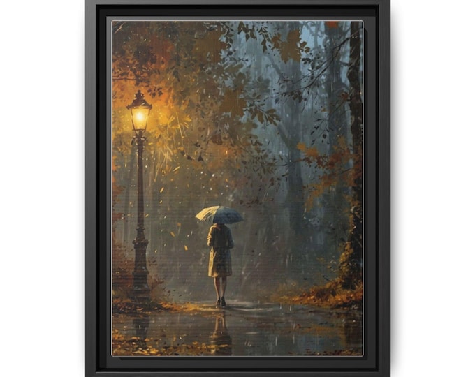 Woman with Umbrella by Lamp Post framed canvas | Matte Canvas