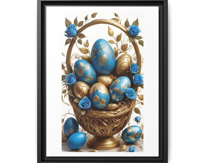 Easter Hapy Blue and Gold Decorative Easter Eggs Matte Canvas Framed | Spring Wall Art