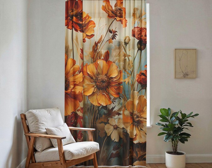 Golden Wildflower Print Sheer Curtain | Floral Window Panel