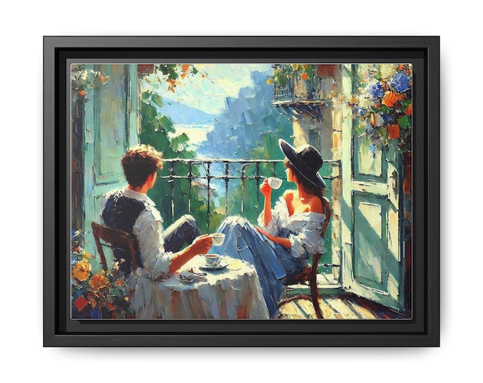 Couple on Balcony Painting Matte Canvas Framed | Impressionist Coastal Scene