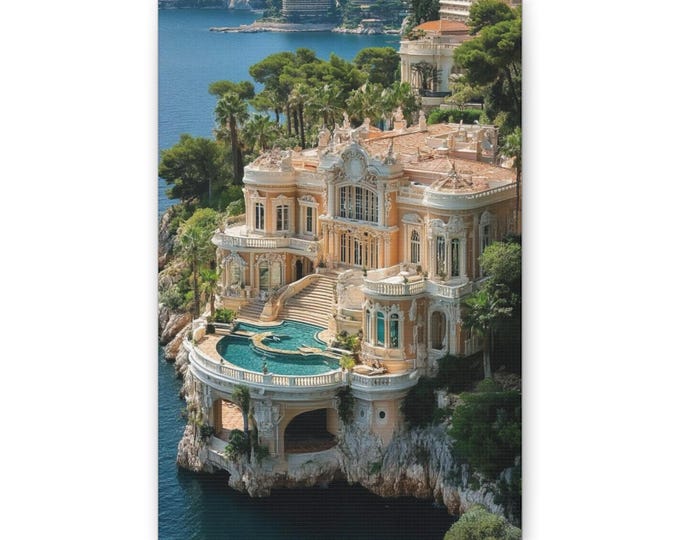 Mediterranean Cliffside Villa canvas | Coastal Wall Art