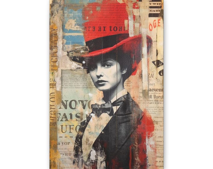 Victorian Woman in Red Hat Canvas | Vintage Newspaper Collage Wall Art