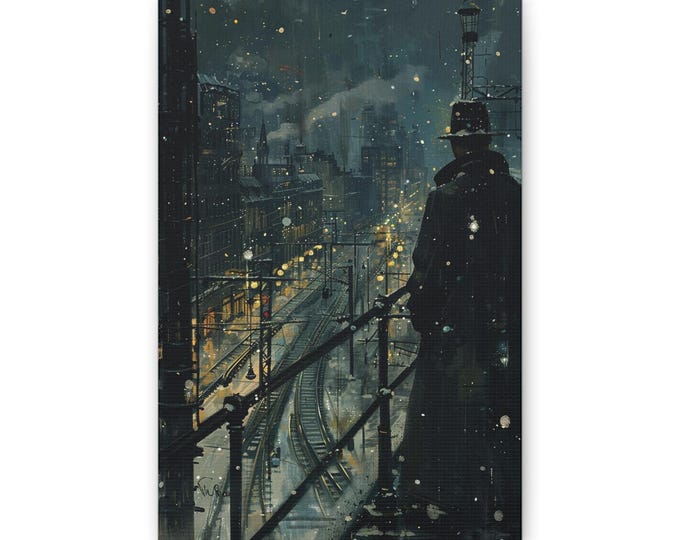 Nocturnal Cityscape Canvas | Snowy Victorian Rooftop Scene