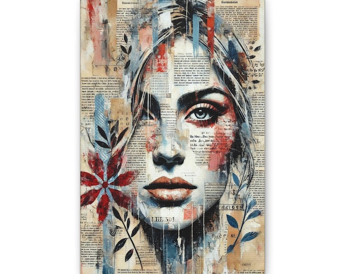Mixed Media Woman Portrait Canvas | Face Art Wall Decor