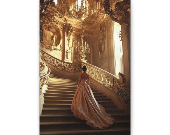 Woman in Ball Gown Canvas | Elegant Palace Staircase Wall Art