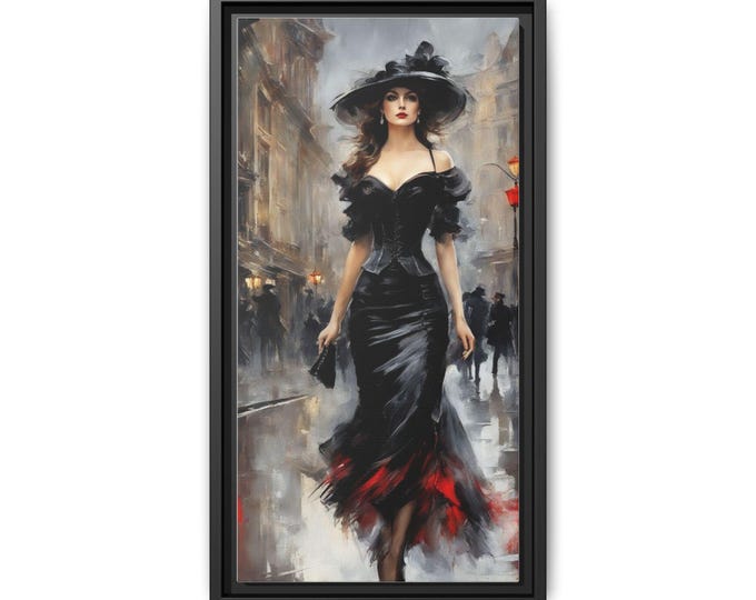 Elegant Woman in Black Dress Matte Canvas Framed | Fashion Portrait Wall Art