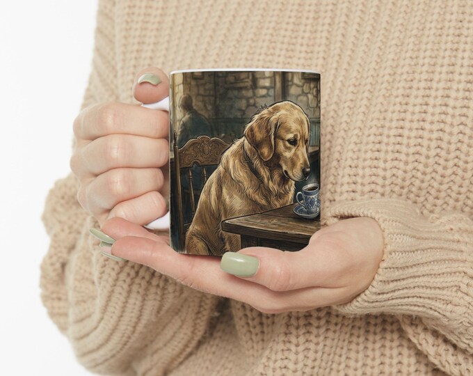 Golden Retriever at Café Mug | Dog Coffee Illustration Ceramic Mug