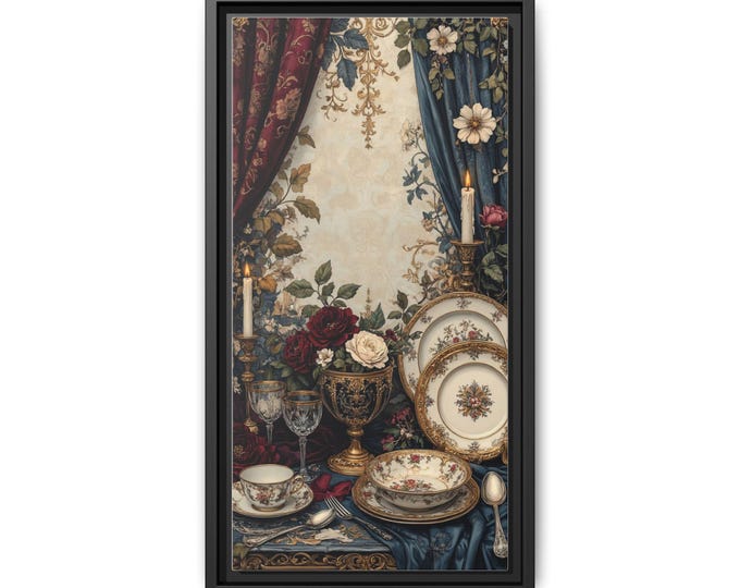 Vintage Still Life Tableware Matte Canvas Framed | Baroque Floral Print