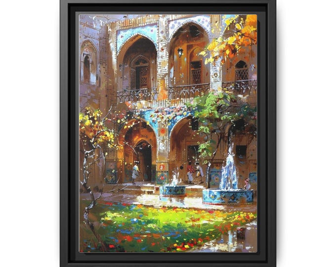 Garden Courtyard Painting Matte Canvas, Framed | Archway Fountain Art Print
