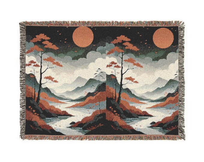 Retro Mountain Landscape Woven Blanket | Vintage Sunset Tapestry Throw
