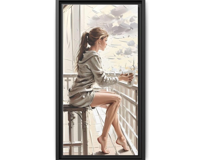 Woman on Balcony Painting Matte Canvas Framed | Relaxing Morning Illustration