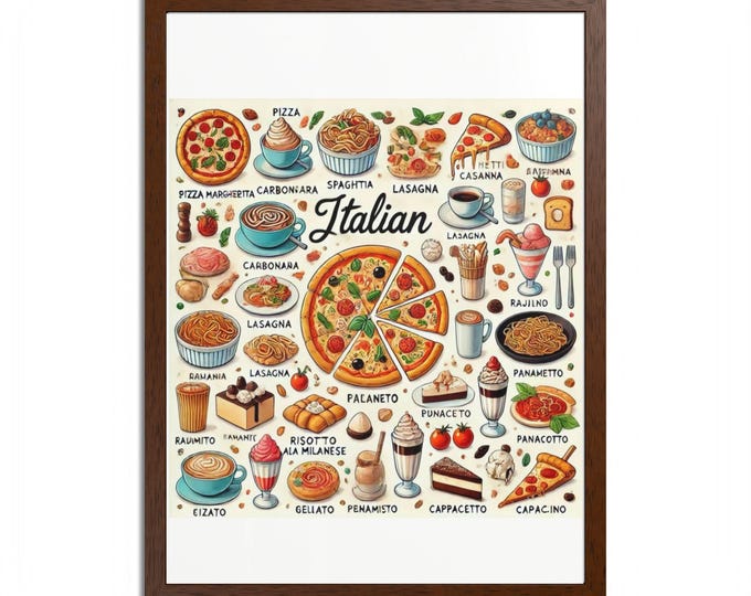 Italian Food Illustration Framed Poster | Pizza Pasta Lasagna Art