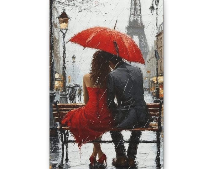 Romantic Paris Couple with Red Umbrella Canvas | Eiffel Tower Wall Art
