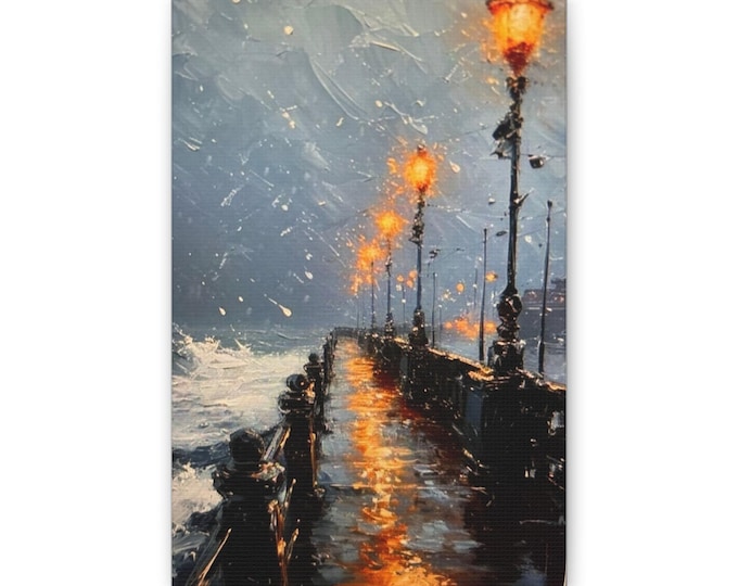 Lighthouse Pier Evening Street Lamps Canvas | Impressionist Seascape Wall Art