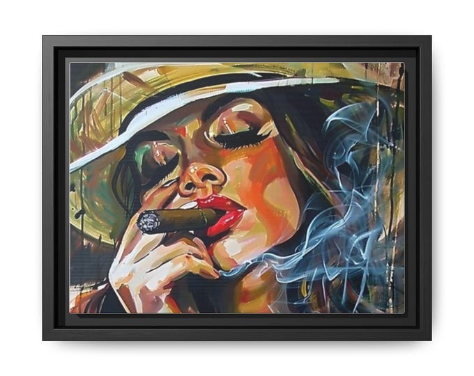 Woman Smoking Cigar Pop Art Canvas Print, Framed