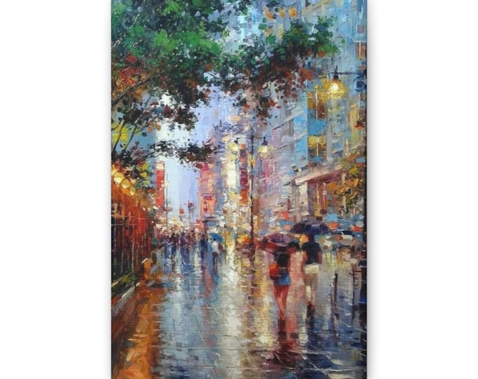 Rainy City Street Canvas | Impressionist Urban Landscape Wall Art