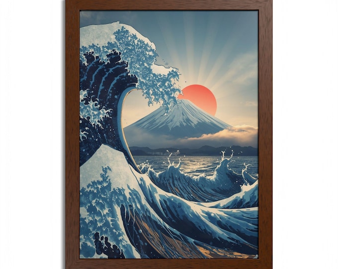 Wave Mount Fuji Sunrise Framed Poster, Coastal Serenity Art