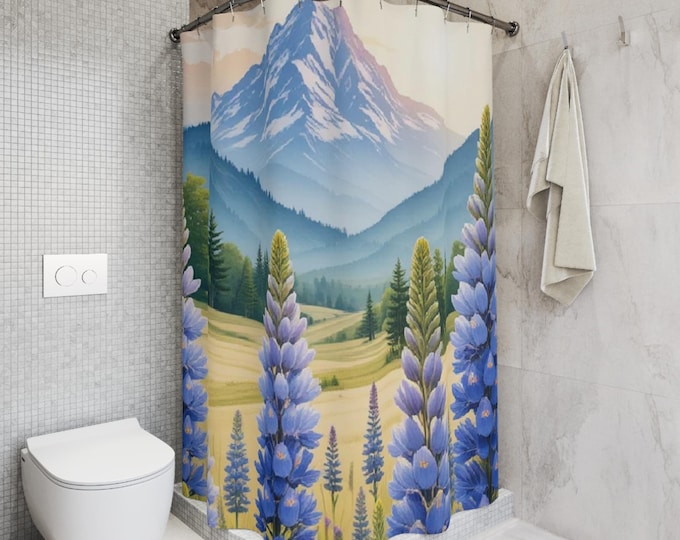 Lupine Meadow Mountain Shower Curtain | Scenic Nature Landscape