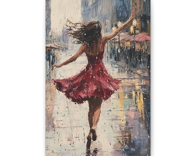 Woman Dancing in Rain Canvas | Impressionist Red Dress Wall Art