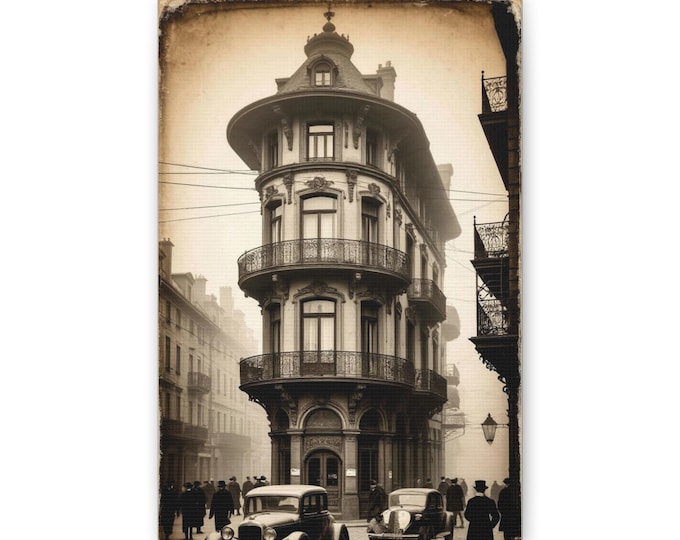 Vintage European Street Building Canvas | Sepia Urban Architecture Wall Art