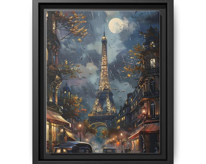 Eiffel Tower Night Street Scene Matte Canvas Framed | Paris Wall Art