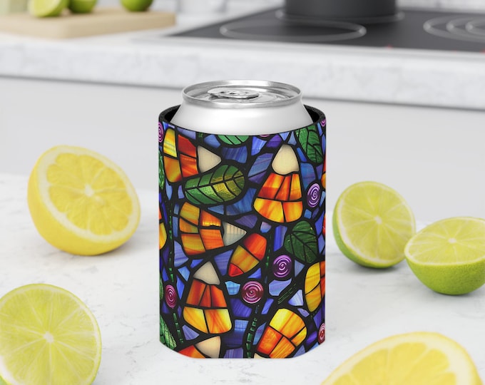 Colorful Stained Glass Flowers and Leaves Can Cooler