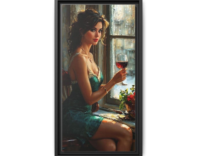 Woman with Wine Matte Canvas Framed Art | Portrait Wall Decor