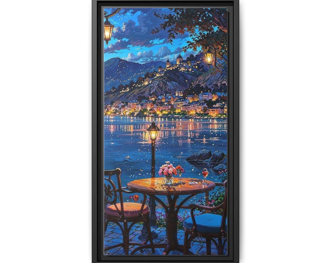 Lakeside Evening Bistro Scene Canvas
