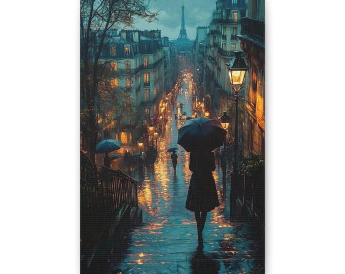 Paris Rainy Street Scene Classic Canvas | Eiffel Tower, Umbrella, Night Lights