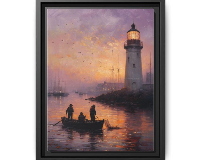 Lighthouse Harbor Sunset Matte Canvas Framed | Nautical Wall Art