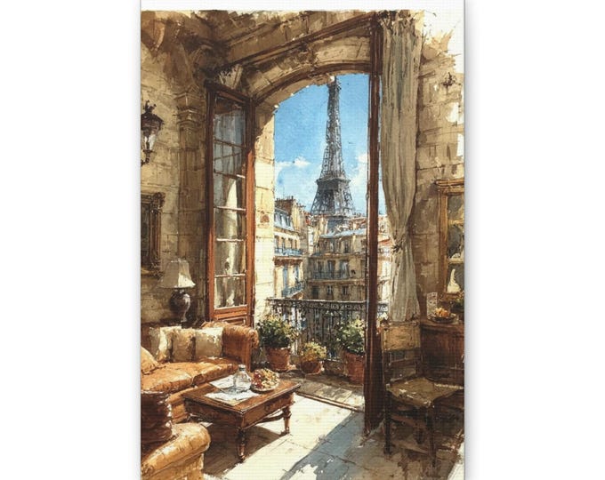 Paris Balcony View Classic Canvas | Eiffel Tower Wall Art, Vintage Apartment Scene