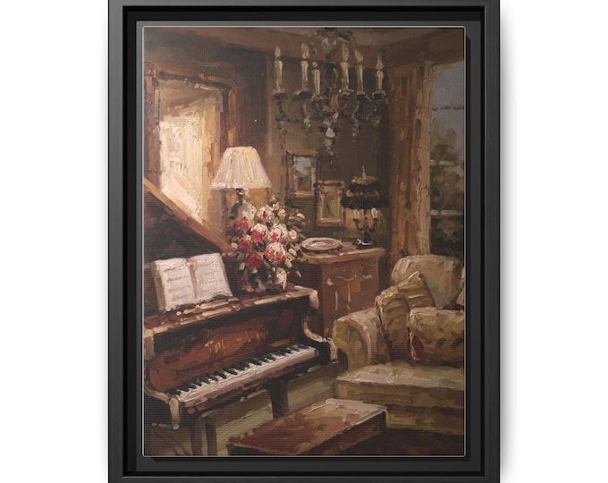 Cozy Piano Parlor Painting Framed Canvas