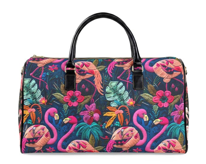 Tropical Flamingo Pattern Faux Leather Travel Bag | Pink Flamingos, Hibiscus Leaves