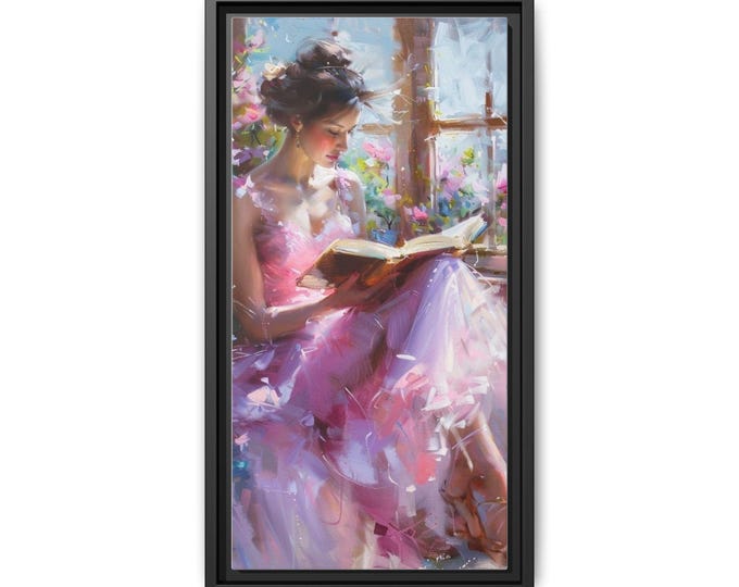 Woman Reading by Window painting Matte Canvas, Framed | Impressionist floral artwork
