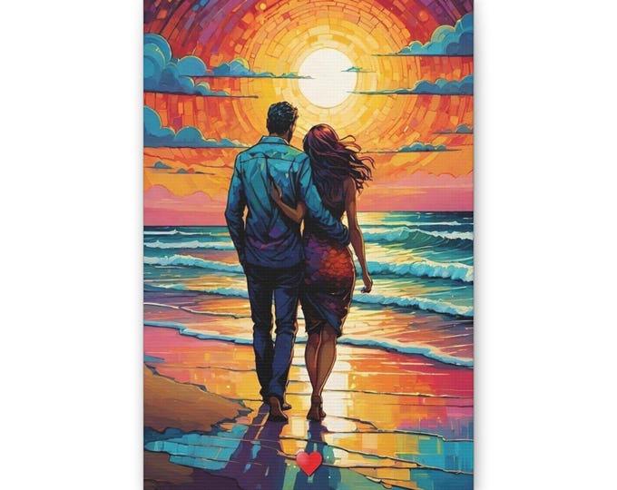 Couple on Beach Canvas Print: Sunset Love Art