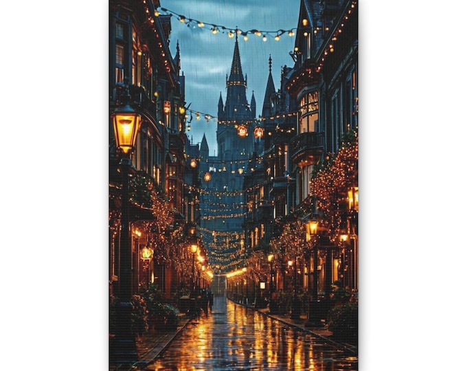 Enchanting Cobblestone Street Canvas | Fairy Lights Nightscape Wall Art