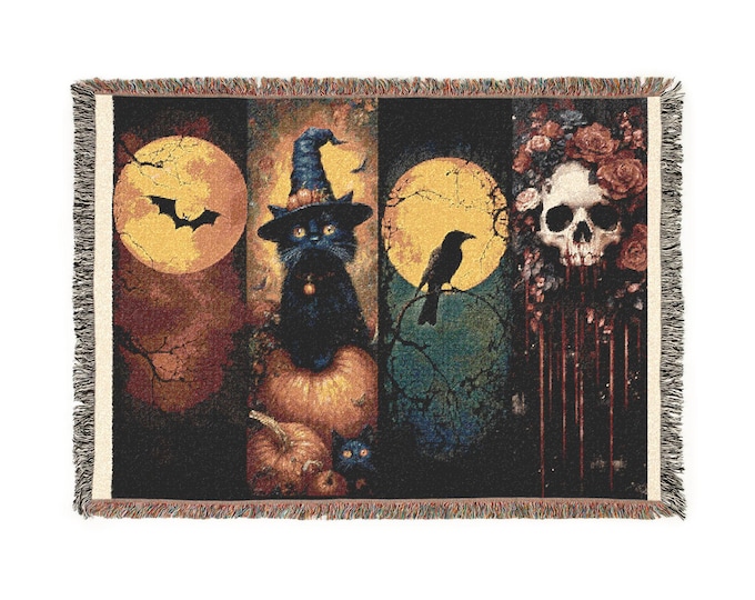 Halloween Moon Cat Skull Woven Blanket | Witchy Gothic Throw