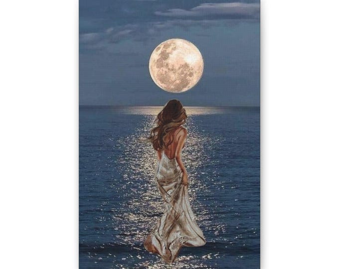 Moonlit Woman Canvas | Ocean Night Wall Art, Full Moon Beach Scene