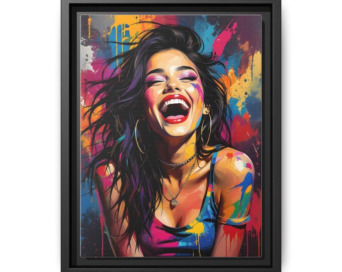 Colorful Laughing Woman Portrait Matte Canvas Framed | Pop Art Wall Art