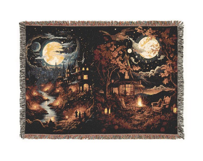 Moonlit Village Woven Blanket | Night Sky, Cozy Cottage Scene