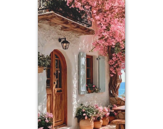 Mediterranean Cottage with Bougainvillea Canvas
