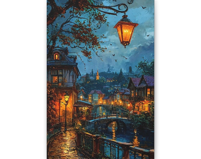 Lantern-Lit European Canal Scene Canvas | Nighttime Village Wall Art