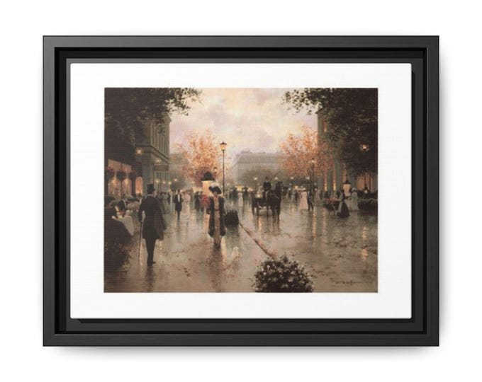Autumn City Street Scene Matte Canvas Framed | Vintage Rainy Evening Wall Art