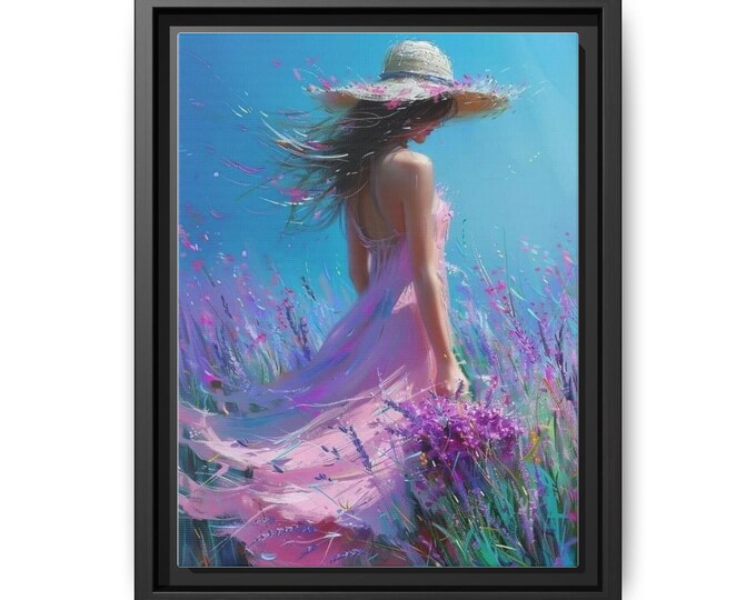 Impressionistic Lavender Field Woman Print | Pink Dress, Sunhat, Framed Canvas Art