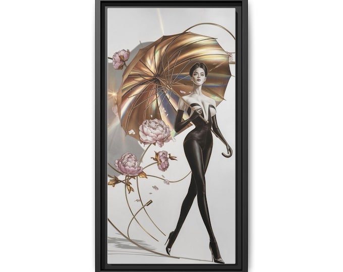 Elegant Woman with Gold Umbrella Matte Canvas Framed | Fashion Wall Art
