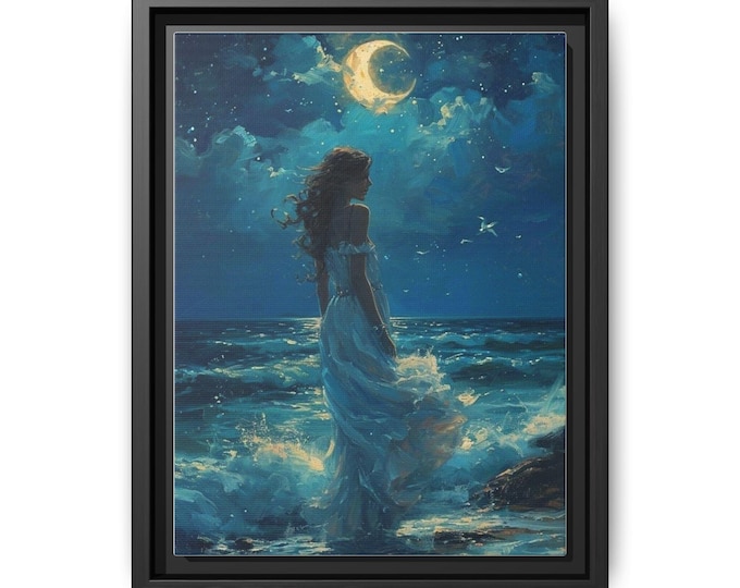 Moonlit Mermaid Seaside Painting Matte Canvas Framed