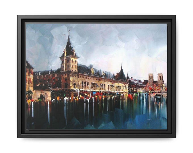 Impressionist City Waterfront Matte Canvas, Framed