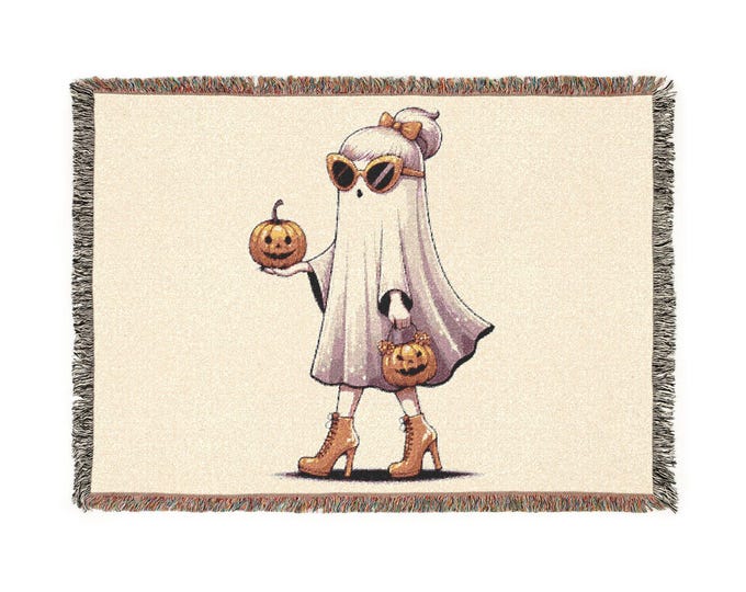 Chic Ghost Trick-or-Treat Woven Blanket | Halloween Pumpkin Tote