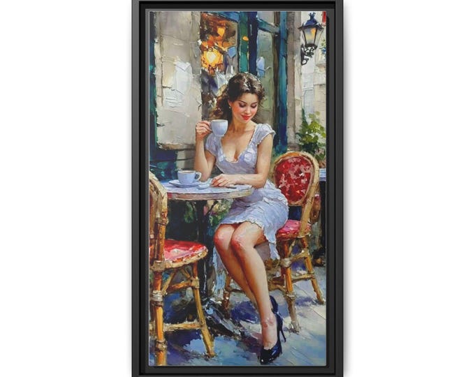 Woman at Paris Café Matte Canvas Framed | City Street Coffee Painting